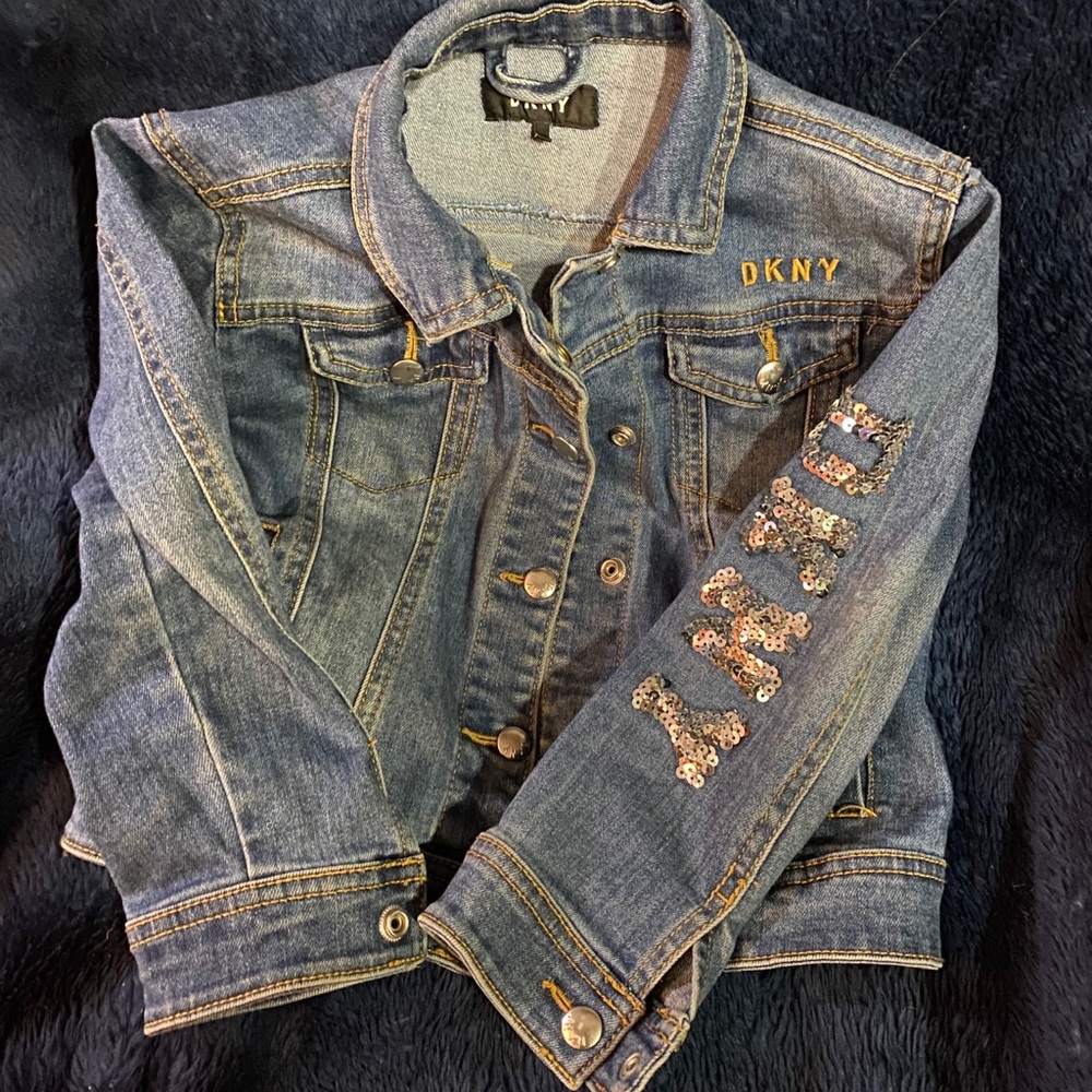 DKNY Girls Jean Jacket sequined Size 5.